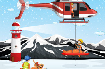Snow mountain scene with firerman rescue in cartoon style